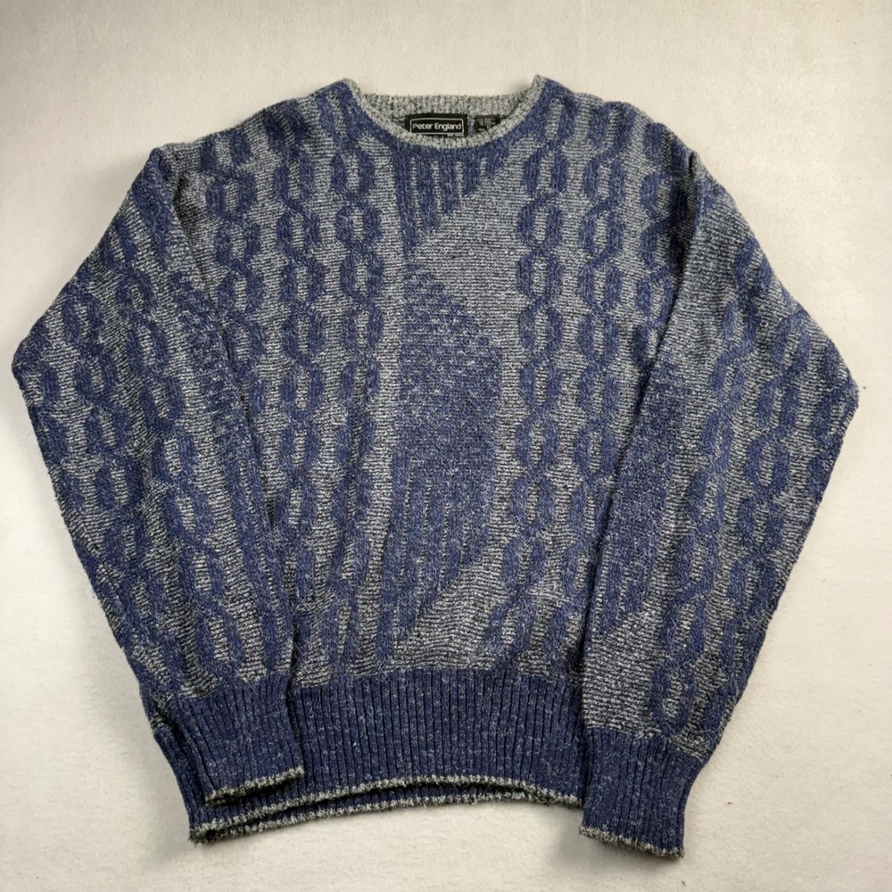 Peter England Mens Vintage Blue Grey Textured Geometric Knit Sweater Medium